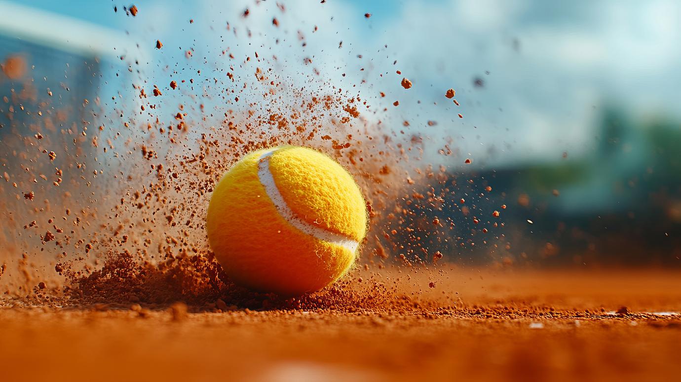 A brightly colored tennis ball makes contact with the clay court, kicking up dust and showcasing the energy and dynamism of sports, captured at the perfect moment. --ar 16:9 --style raw --stylize 250 --v 6.1 Job ID: bbee4240-86d3-4c9d-b472-8324cc283fb5