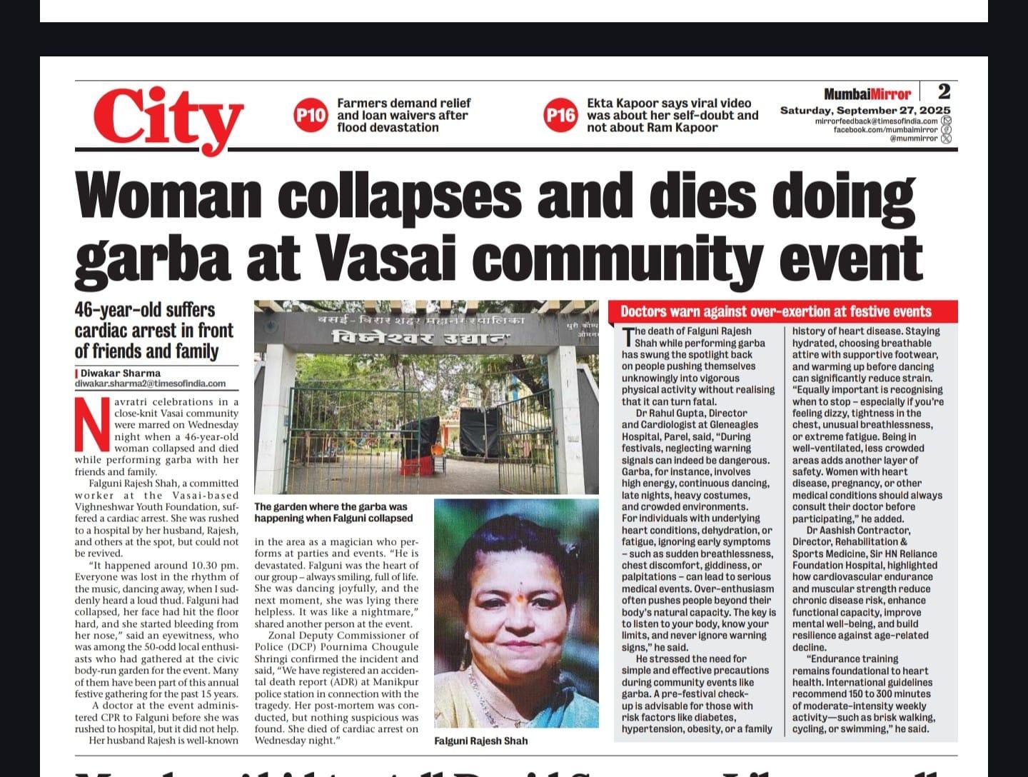 Woman collapses and dies doing garba at Vasai community event