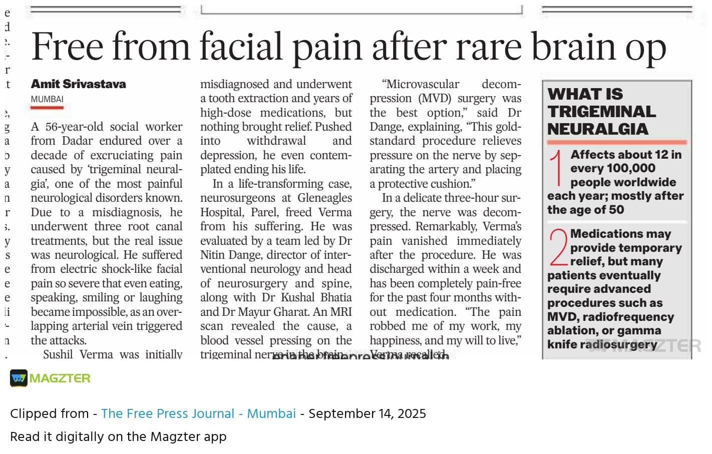 Free from facial pain after rare brain op