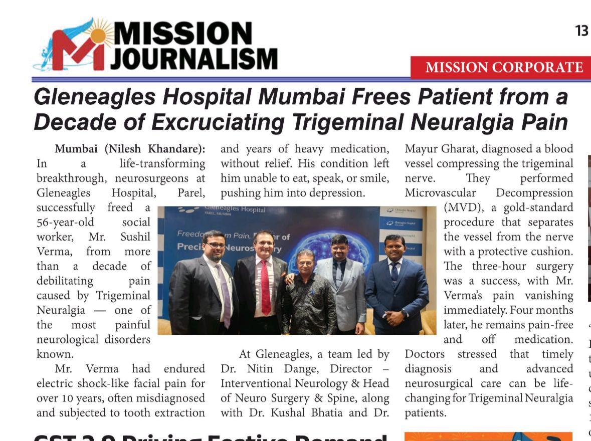 Gleneagles Hospital Mumbai Frees Patient from a Decade of Excruciating Trigeminal Neuralgia Pain