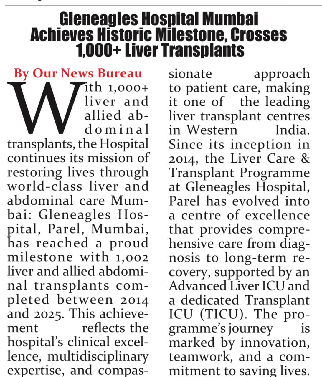 Gleneagles Parel Marks Major Breakthrough with 1,000+ Transplants Completed