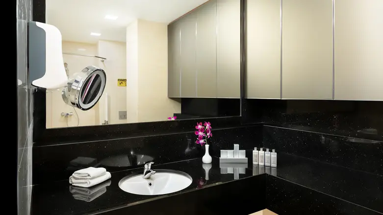 Ensuite bathroom equipped with premium bath amenities, including a lighted makeup mirror