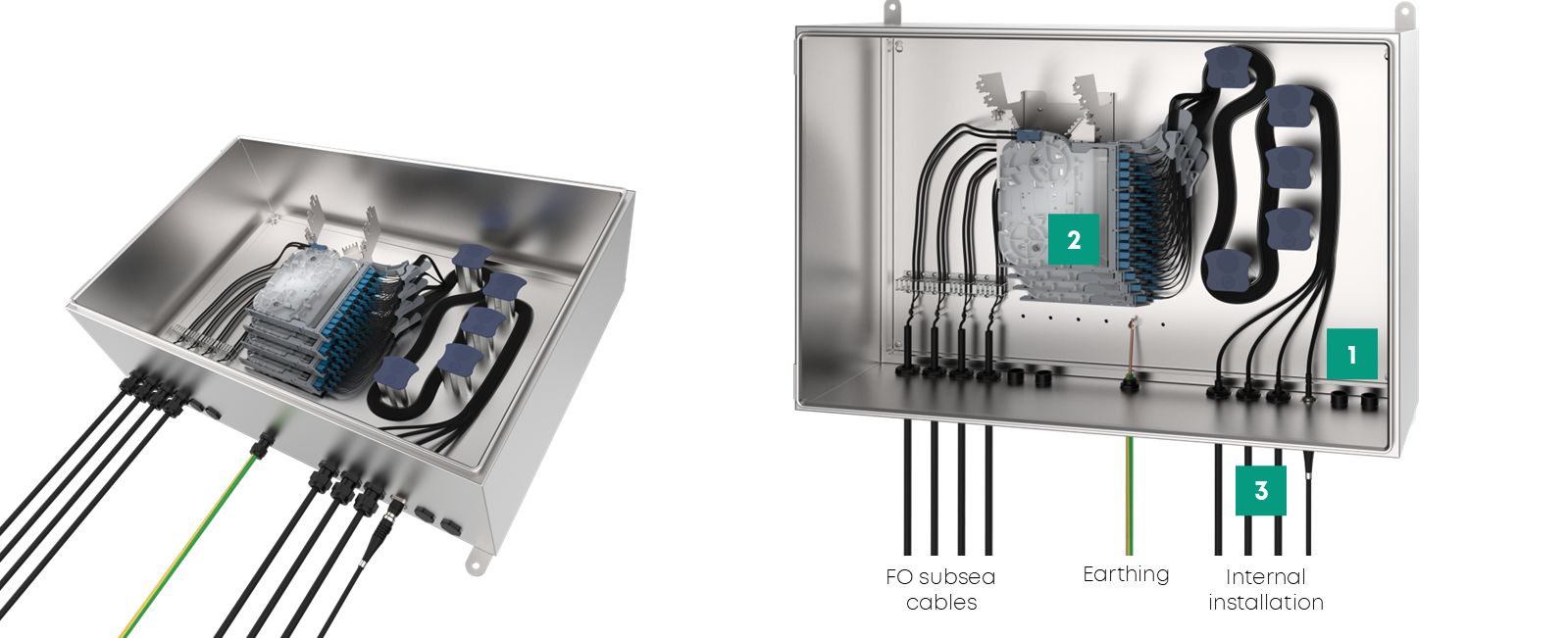 two stainless steel fiber optic splice boxes