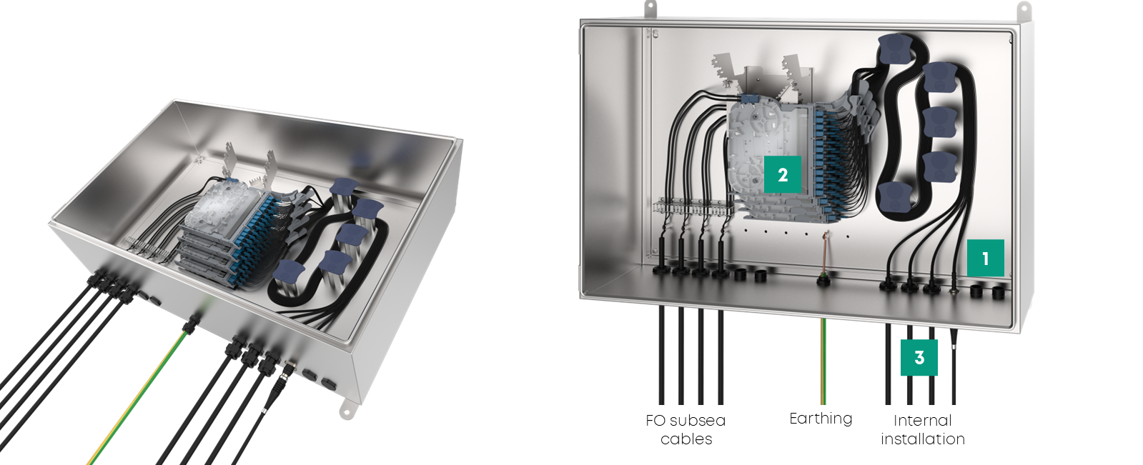 two stainless steel fiber optic splice boxes