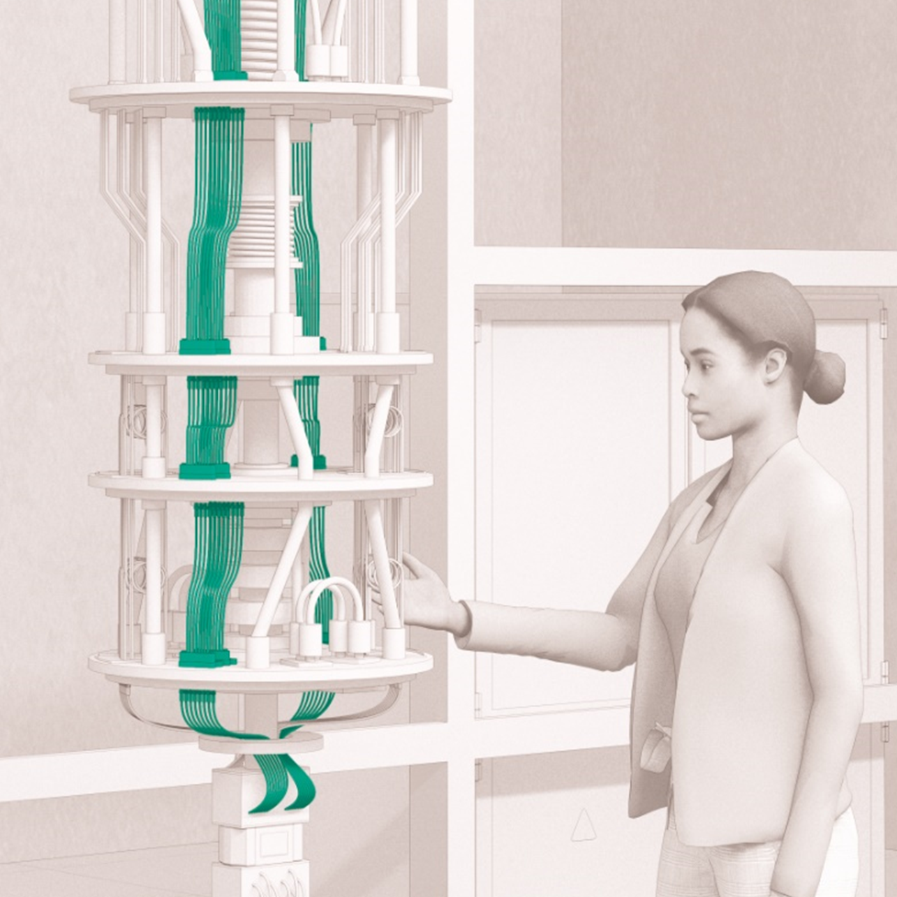 quantum computing - woman standing next to cable harness