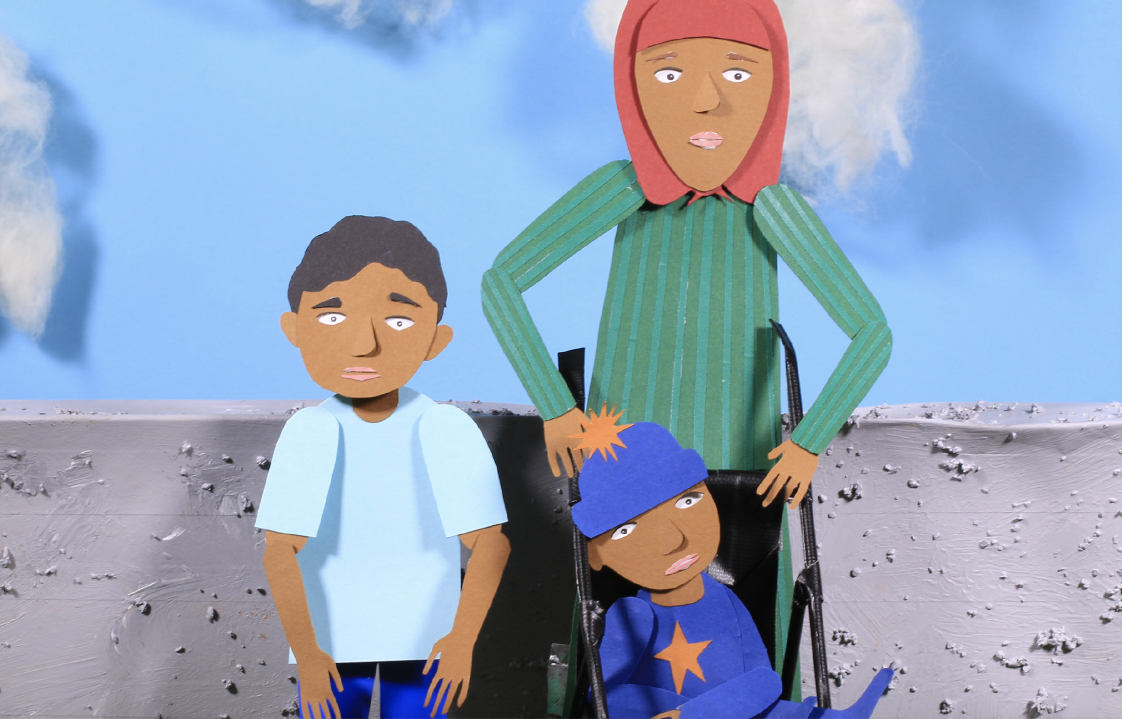 Still from an animation of a mother and her two children.