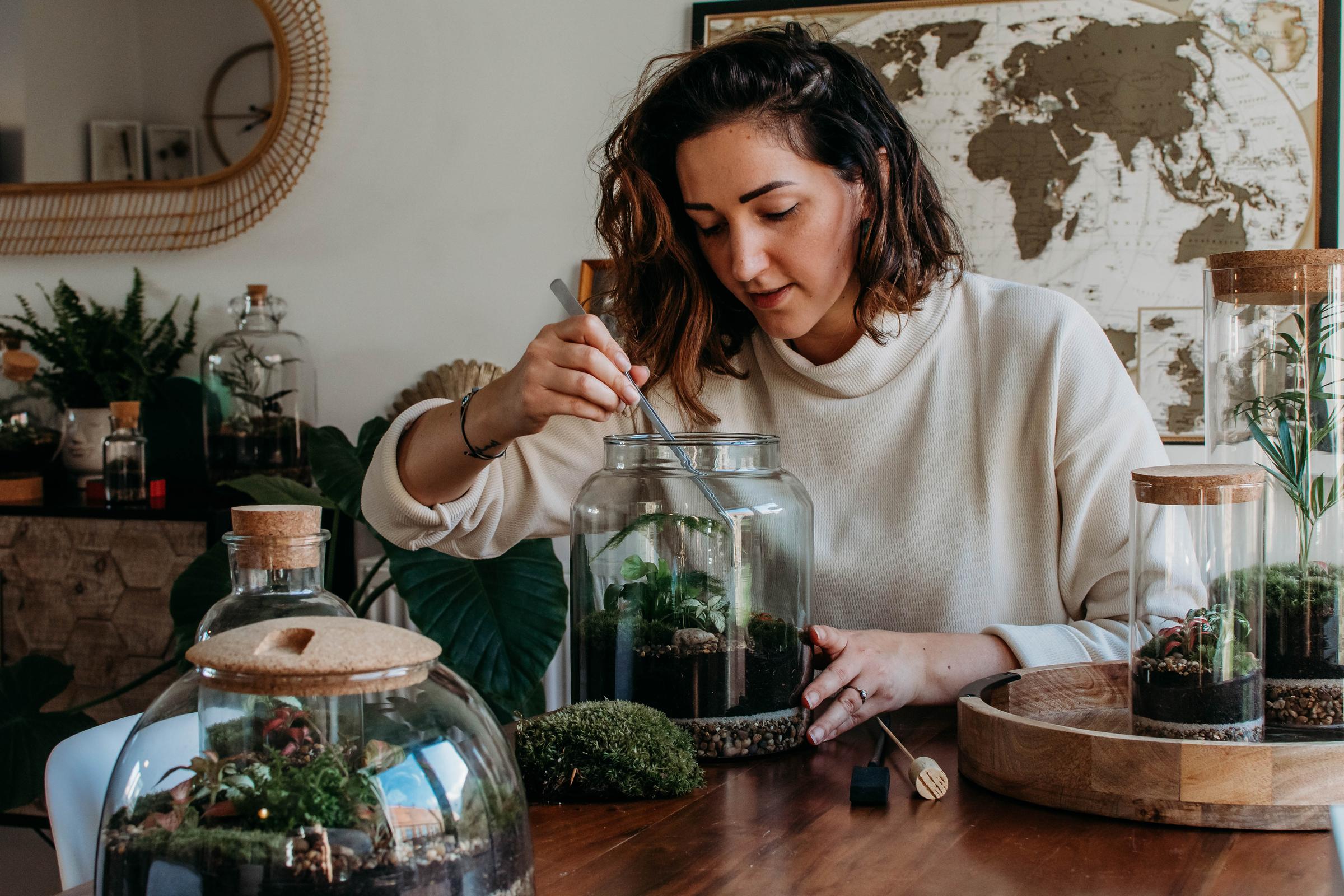 Layla Grainger, tending to her mini ecosystems, for her York-based business, York Terrariums.