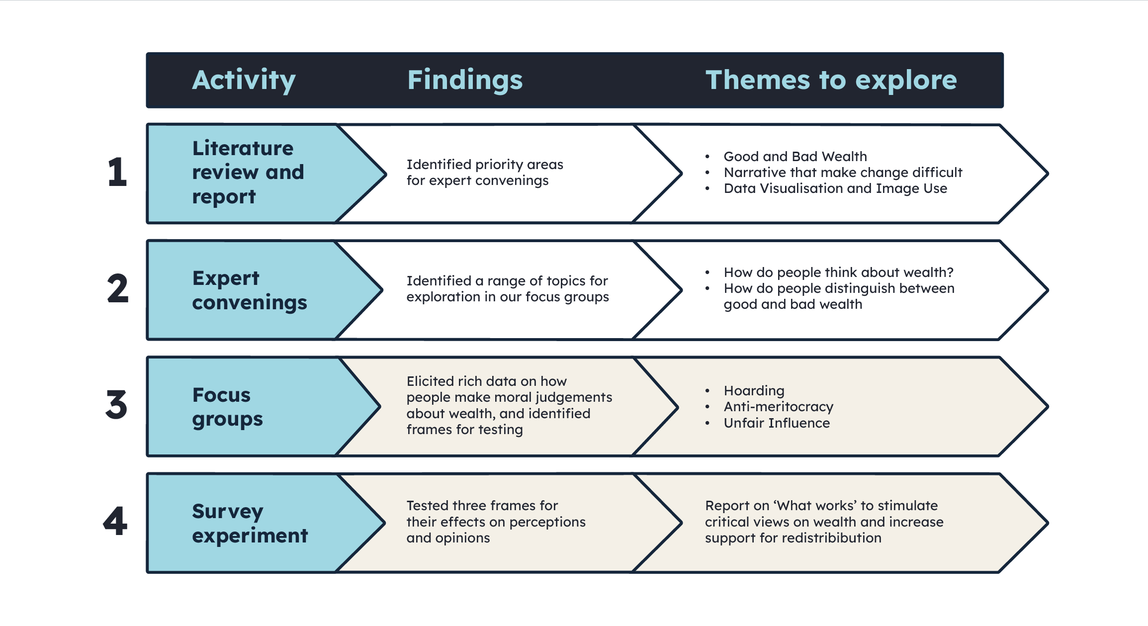 Infographic displaying the activities, findings and themes to explore of LSE's process.