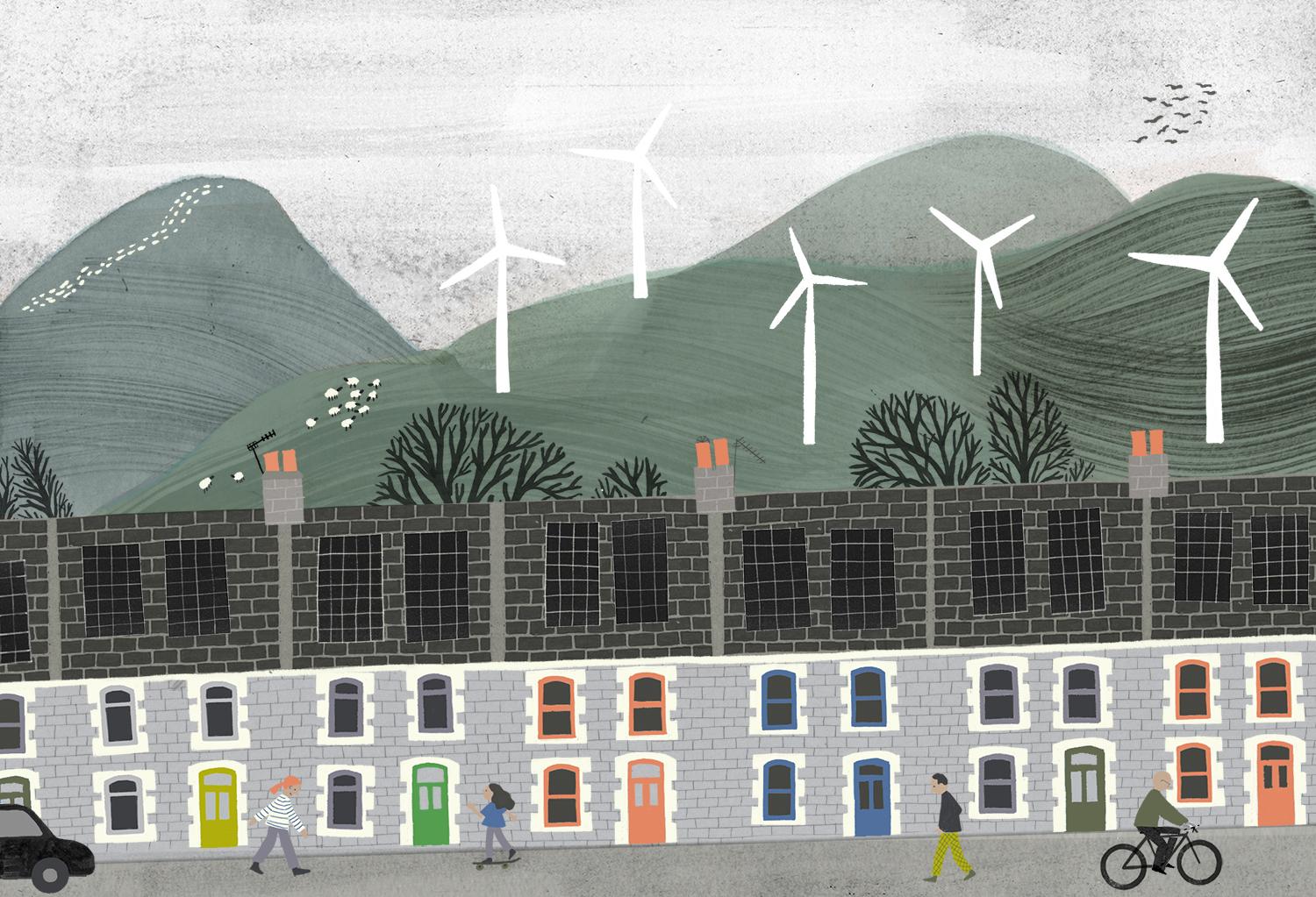 Illustration of a wind farm behind a row of terraced houses