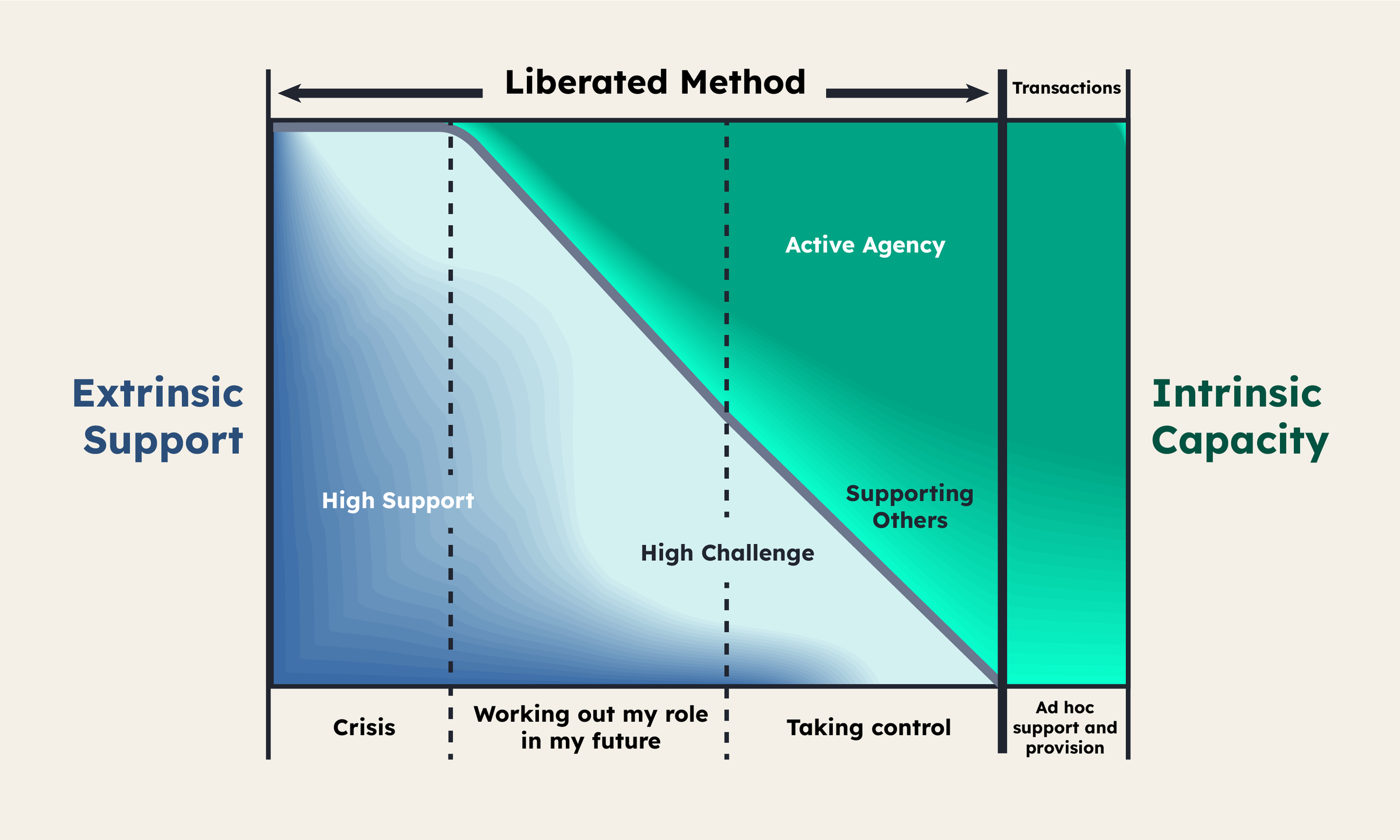 Diagram represents learning from across a range of Liberated Method cases. It highlights the role of public service workers in using their ‘extrinsic support’ to help people over time to develop their own ‘intrinsic capacity’ to lead a thriving life.  