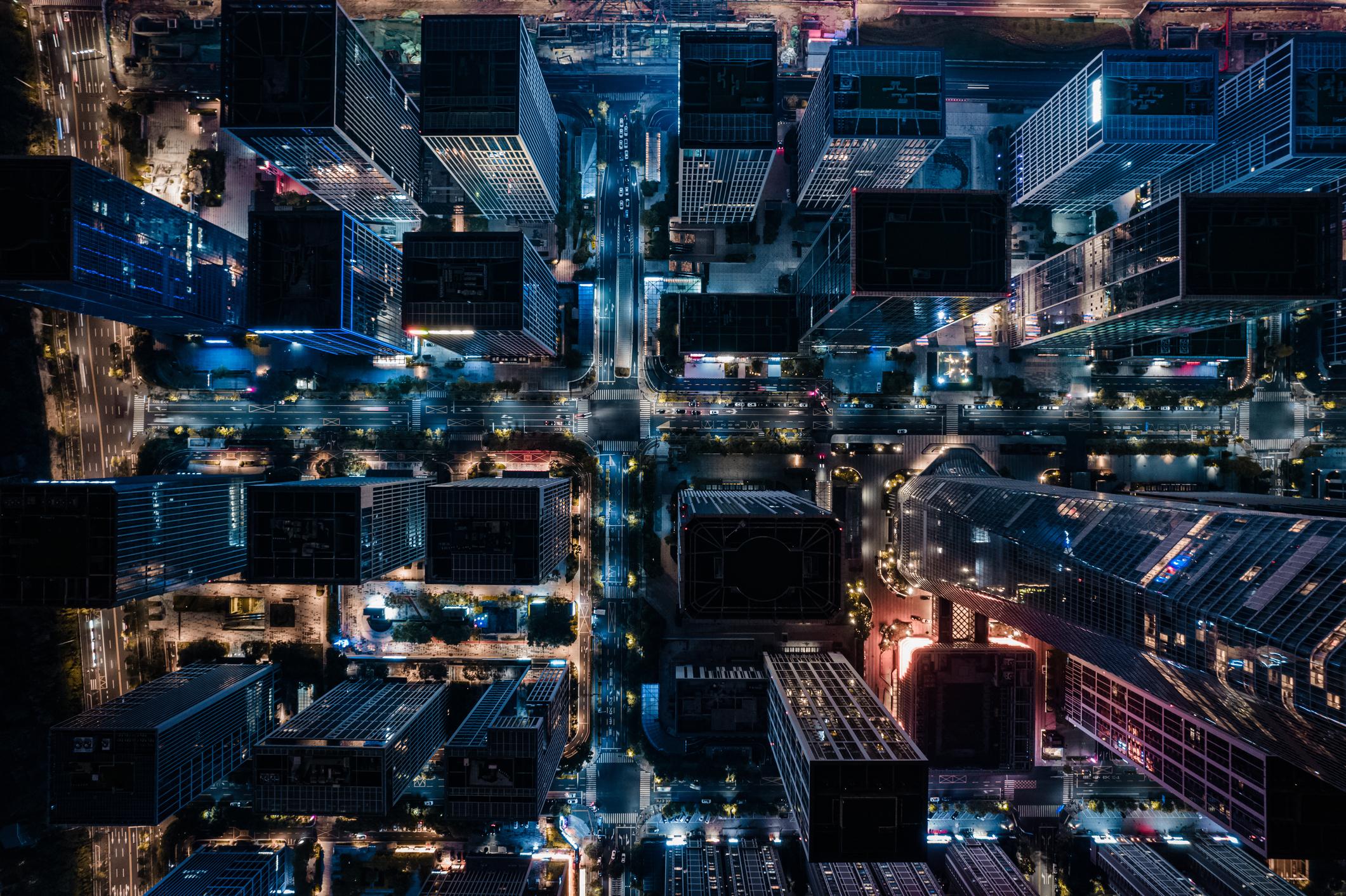 Directly above of city street and cityscape / Jinan, Shandong, China