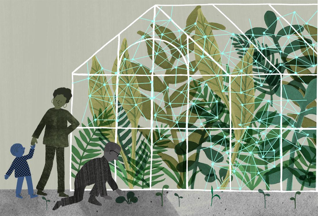 Illustration depicting an adult and a child outside a greenhouse, while another person is gardening.