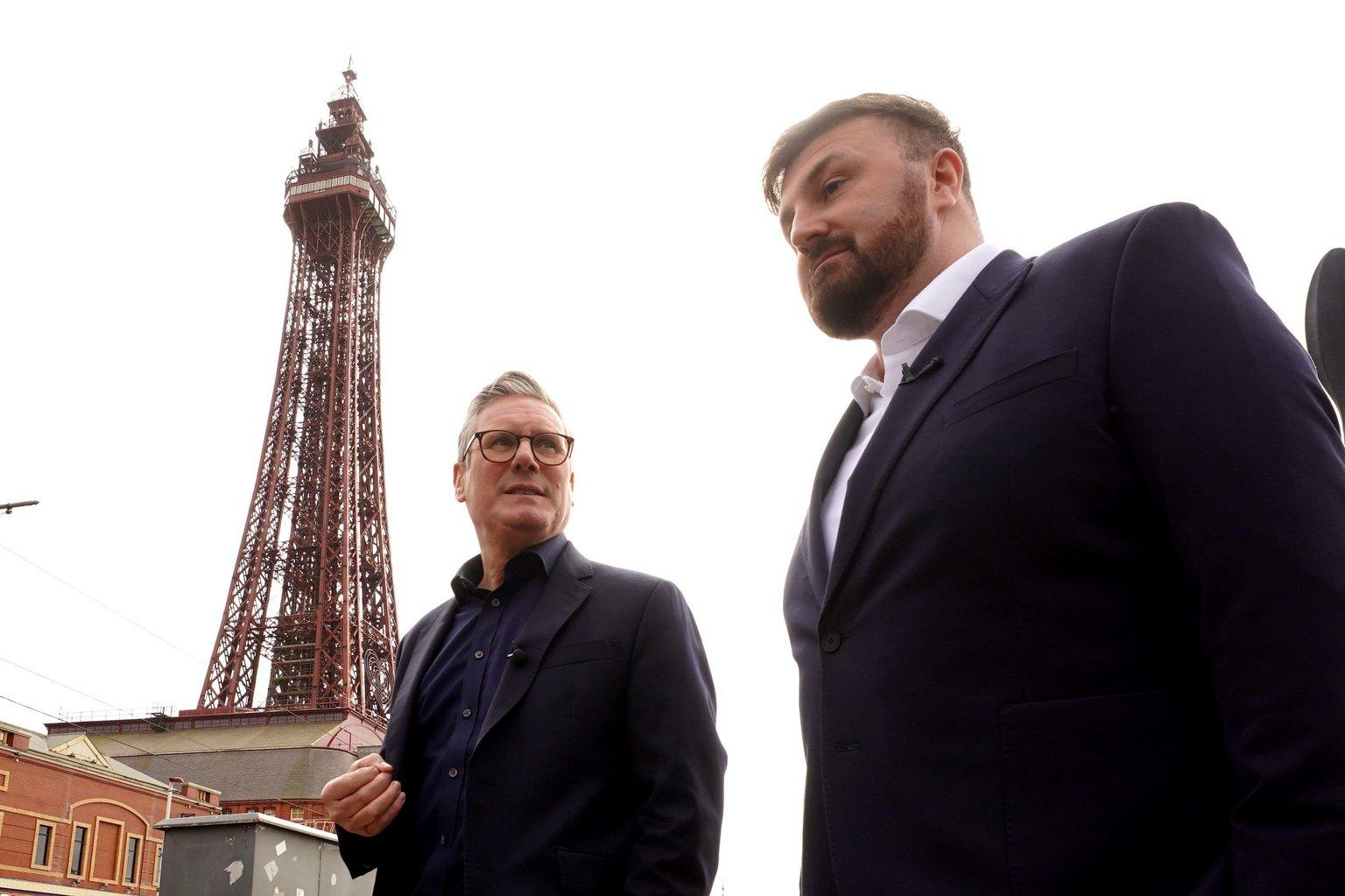 2X0CBK5 Labour leader Sir Keir Starmer, with Chris Webb, Labour's candidate for the Blackpool South parliamentary by-election, during his visit to Blackpool seafront. 