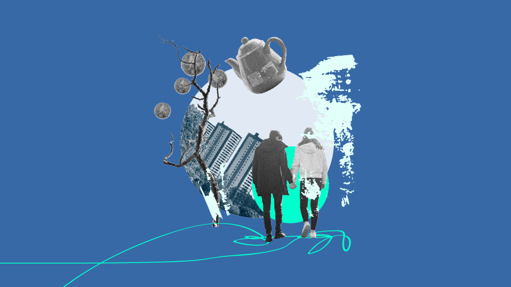 Graphic artwork and photography mix, showing couple walking against towerblocks, with tree, money and household objects.