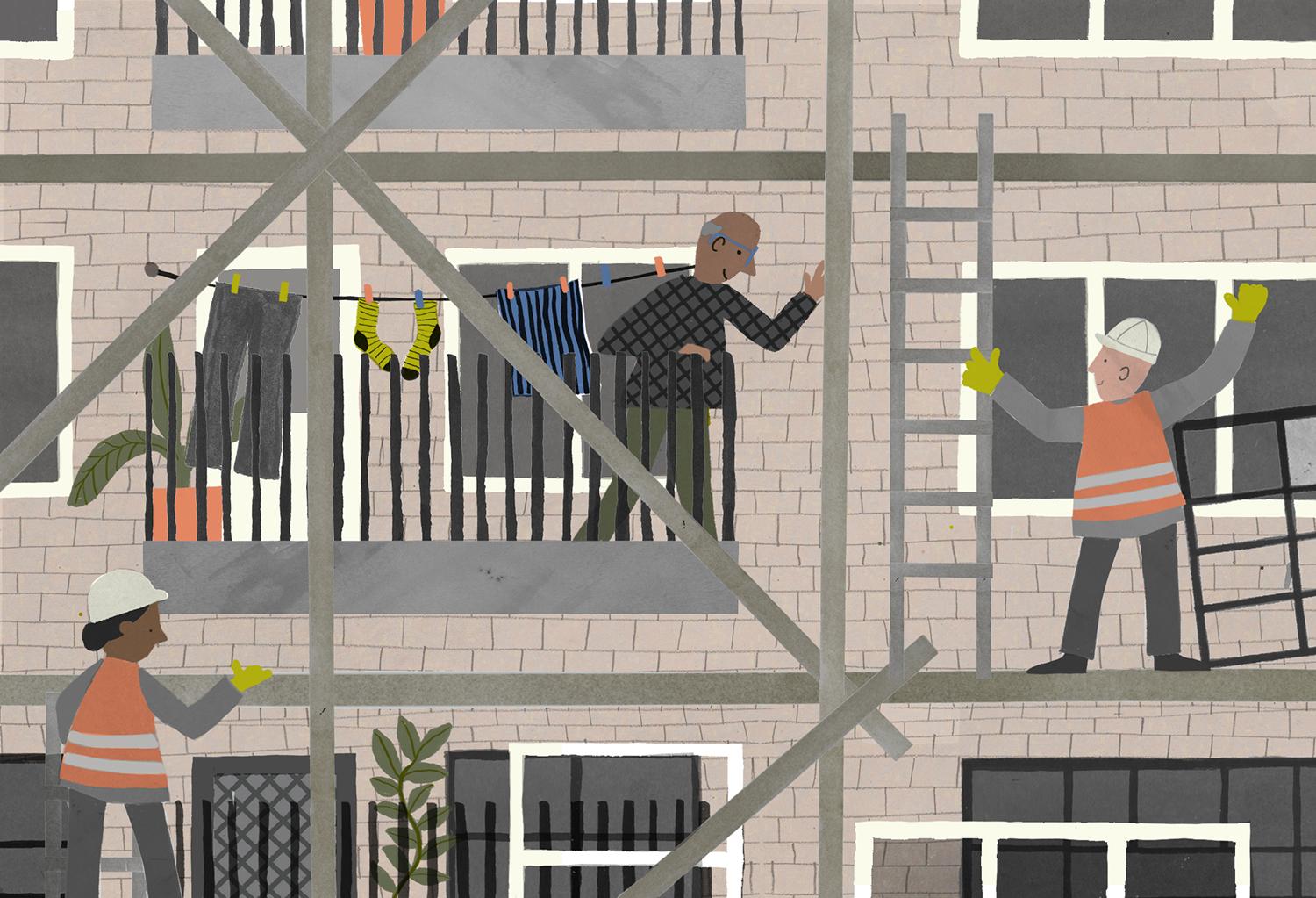 illustration of construction workers on scaffolding on a block of flats