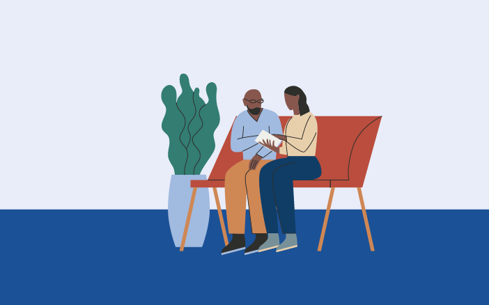 Illustration of a couple sat on a sofa reading a brochure together.