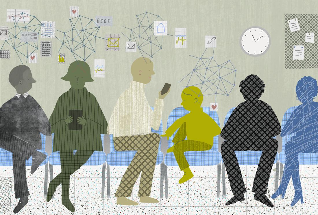 Illustration depicting people sat in a waiting room engaging with various pieces of technology