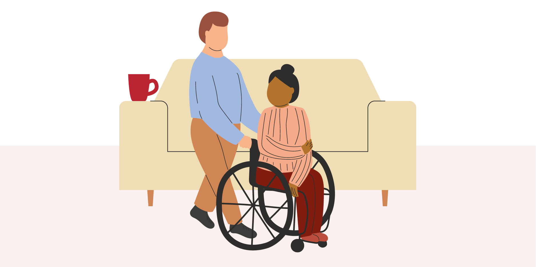 Two people in room inside a house, one person is standing and the other person is in a wheelchair.