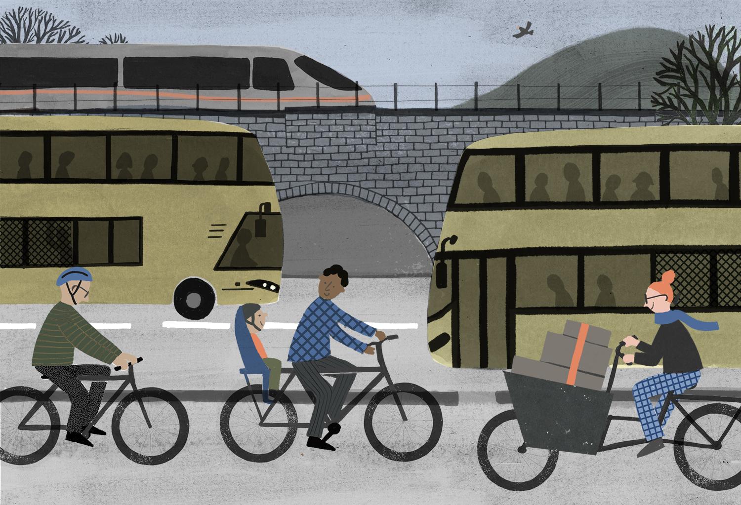 Illustration of people using various transport 