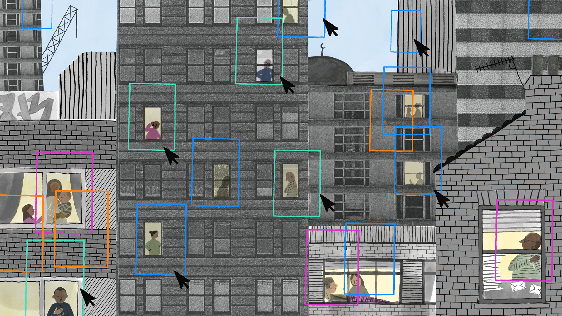 Illustration showing people living in blocks of flats and houses in an urban environment.