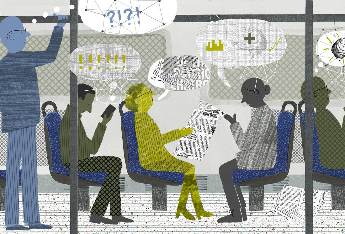 Animation of people, consuming media, with talk bubbles on public transport