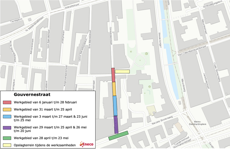 Kaart met legenda werkzaamheden Gouvernestraat