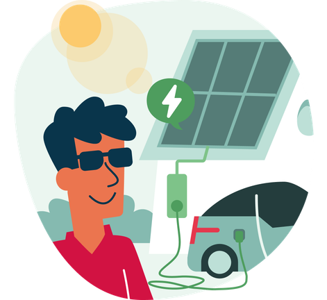 Illustratie van een man met zonnebril die kijkt naar een zonnepaneel die de elektrische auto oplaadt