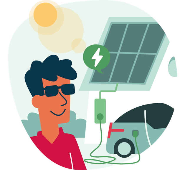 Illustratie van een man met zonnebril die kijkt naar een zonnepaneel die de elektrische auto oplaadt