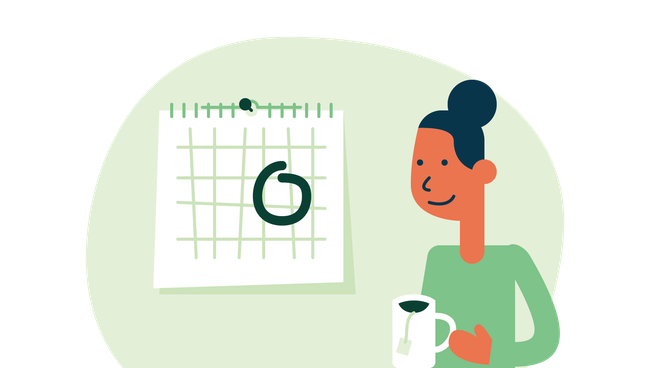 Vrouw met koffie in hand kijkt naar kalender illustratie