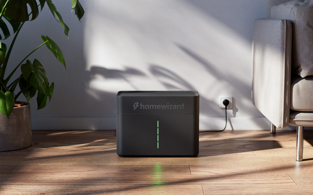 homewizard thuisbatterij in huiselijke setting op laminaat en naast een plant