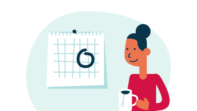 Vrouw met koffie in hand voor kalender illustratie