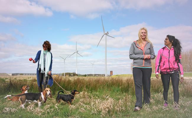 Een vrouw laat drie honden uit en twee vrouwen wandelen met windpark Nieuwegein op de achtergrond.