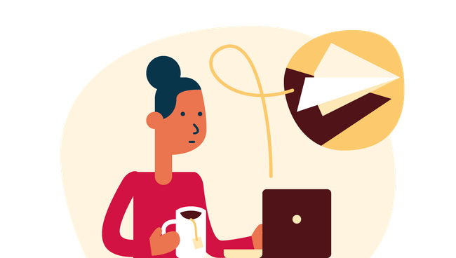 Vrouw met koffie in hand voor laptop illustratie