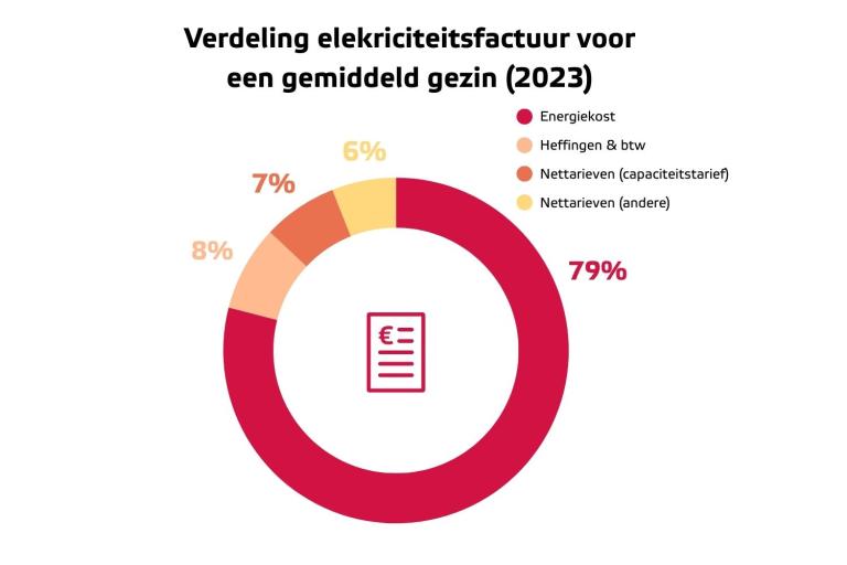Een grafiek toont de verdeling van een elektriciteitsfactuur: Energiekost (79%), heffingen & BTW (8%), capaciteitstarief (7%) en andere nettarieven (6%)