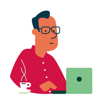 Illustratie van client achter laptop met kop koffie