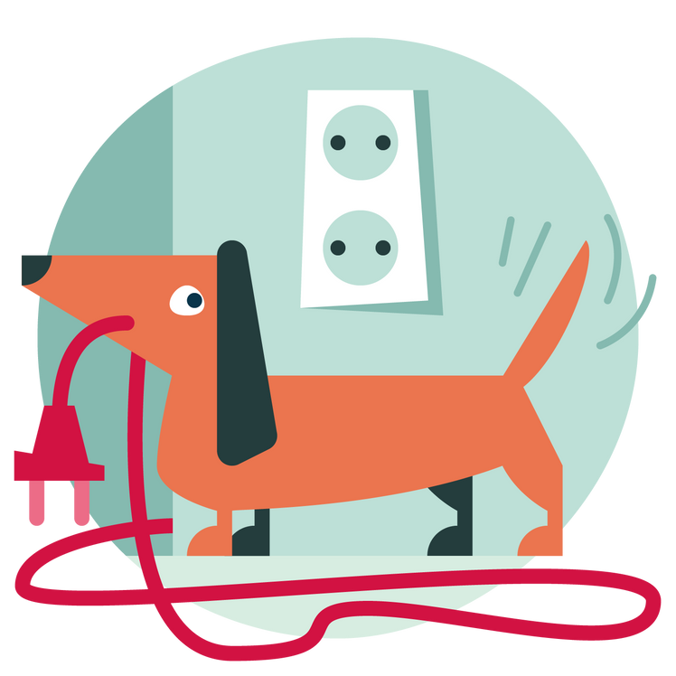 Illustratie van een hondje met een stekker in zijn bek