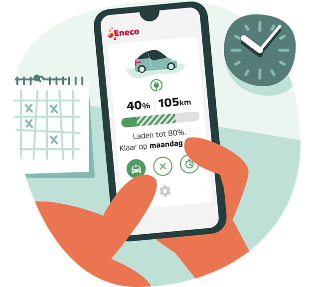 Illustratie met een smartphone waarop de app geopend is voor het slim laden van de elektrische auto