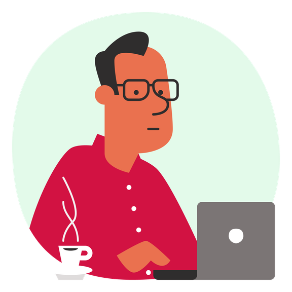 Homme derrière un ordinateur portable avec illustration de café