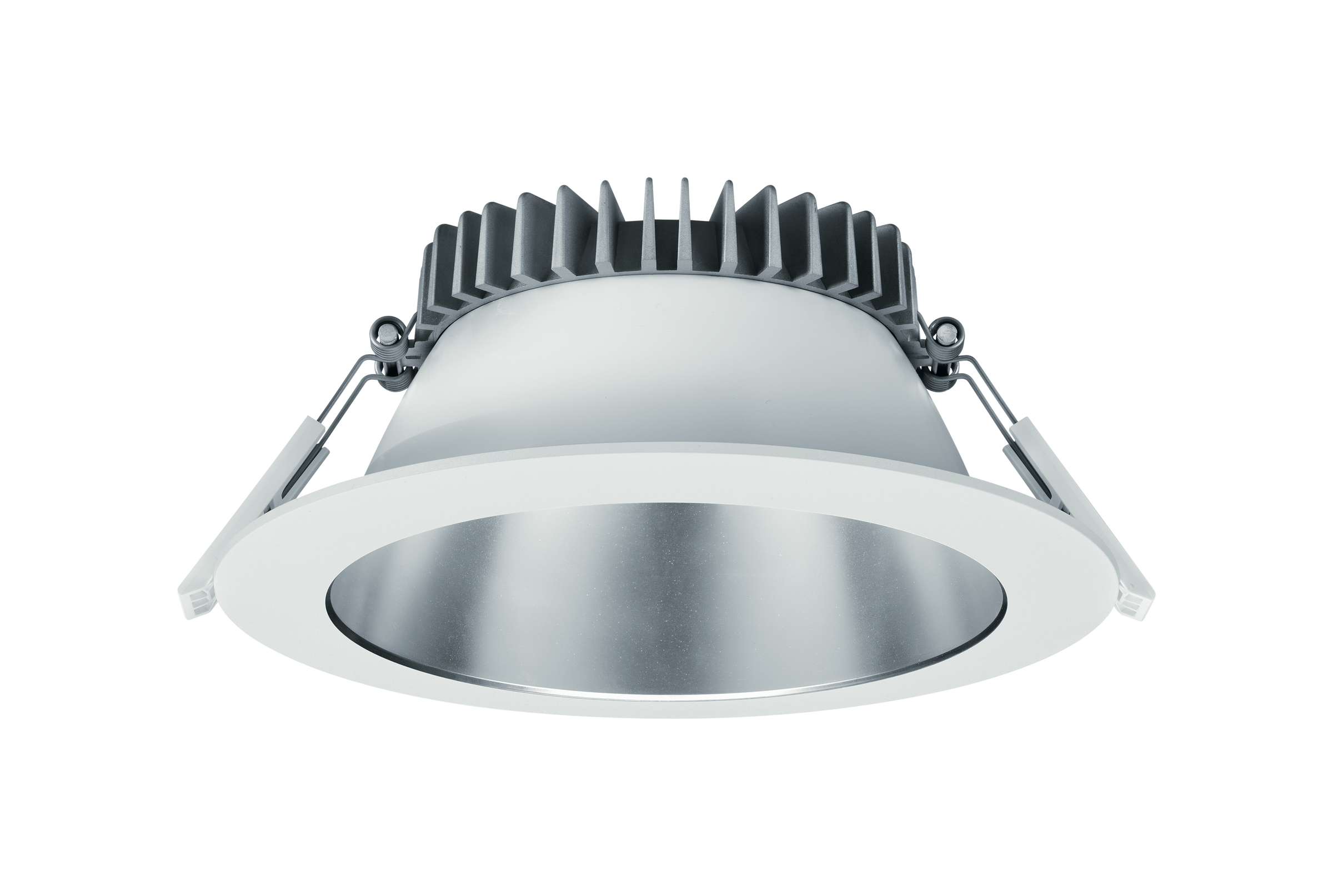 A recessed LED downlight with a circular design, featuring a white outer casing and a metallic reflector. The fixture includes heat-dissipating fins on the back and adjustable mounting clips, making it ideal for commercial or residential lighting applications.