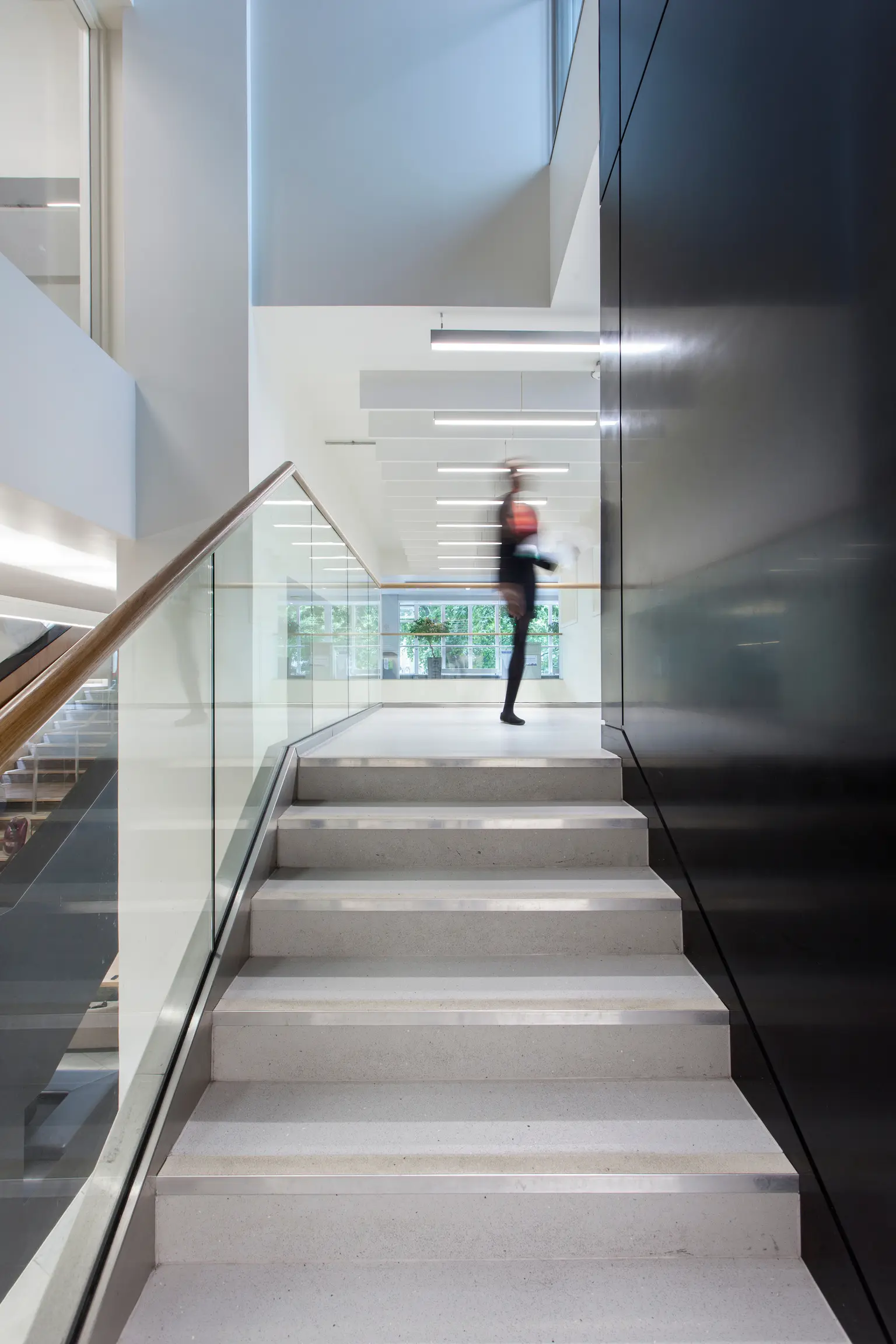 Una scala moderna con ringhiere in vetro e un corrimano in legno, che conduce a uno spazio aperto e ben illuminato. Il design presenta linee pulite, pareti bianche e semplici luci a soffitto sospese per un look contemporaneo.