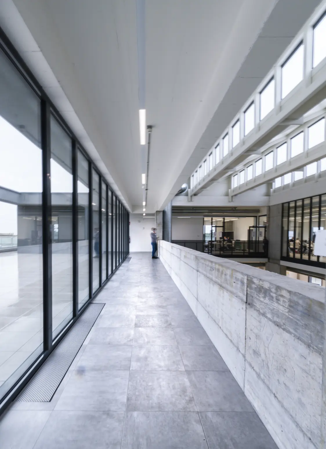 Ein heller Büroflur mit großen Fensterfronten auf der einen Seite und einer Betonbrüstung auf der anderen. Die Decke ist mit linearen LED-Leuchten ausgestattet, und Tageslicht strömt durch die Fenster in den langen Korridor.