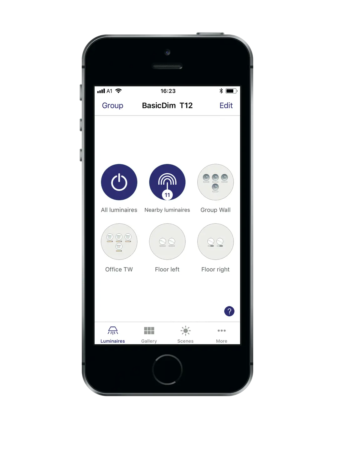 Ausgeschnittenes Smartphone mit der Lichtsteuerungsapp für das basicDIM Wireless.