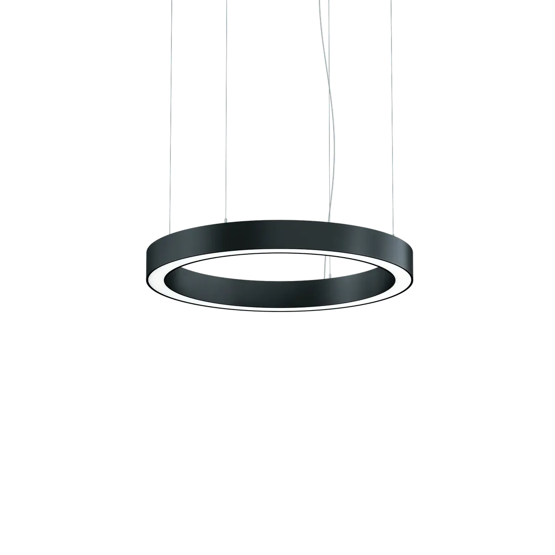 Das SLOTLIGHT round Beleuchtungssystem hängt stilvoll von der Decke und bietet eine gleichmäßige, blendfreie Ausleuchtung in einem minimalistischen Raum.