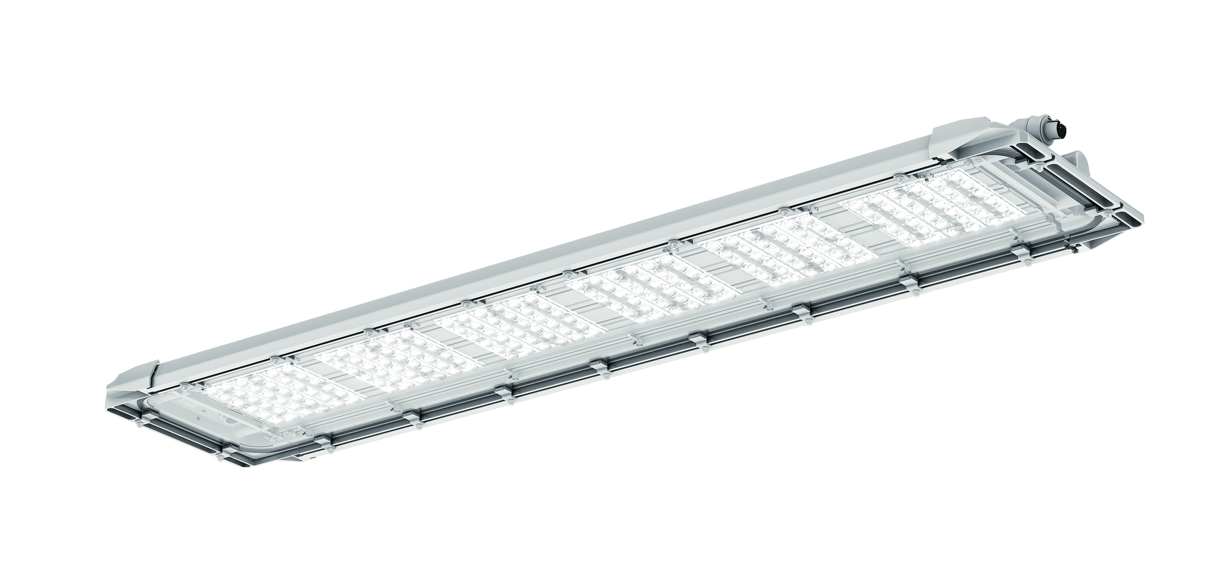 A rectangular industrial LED light fixture with a slim, metallic design and multiple rows of LED modules. The fixture is durable and energy-efficient, making it suitable for warehouses, factories, and large commercial spaces.