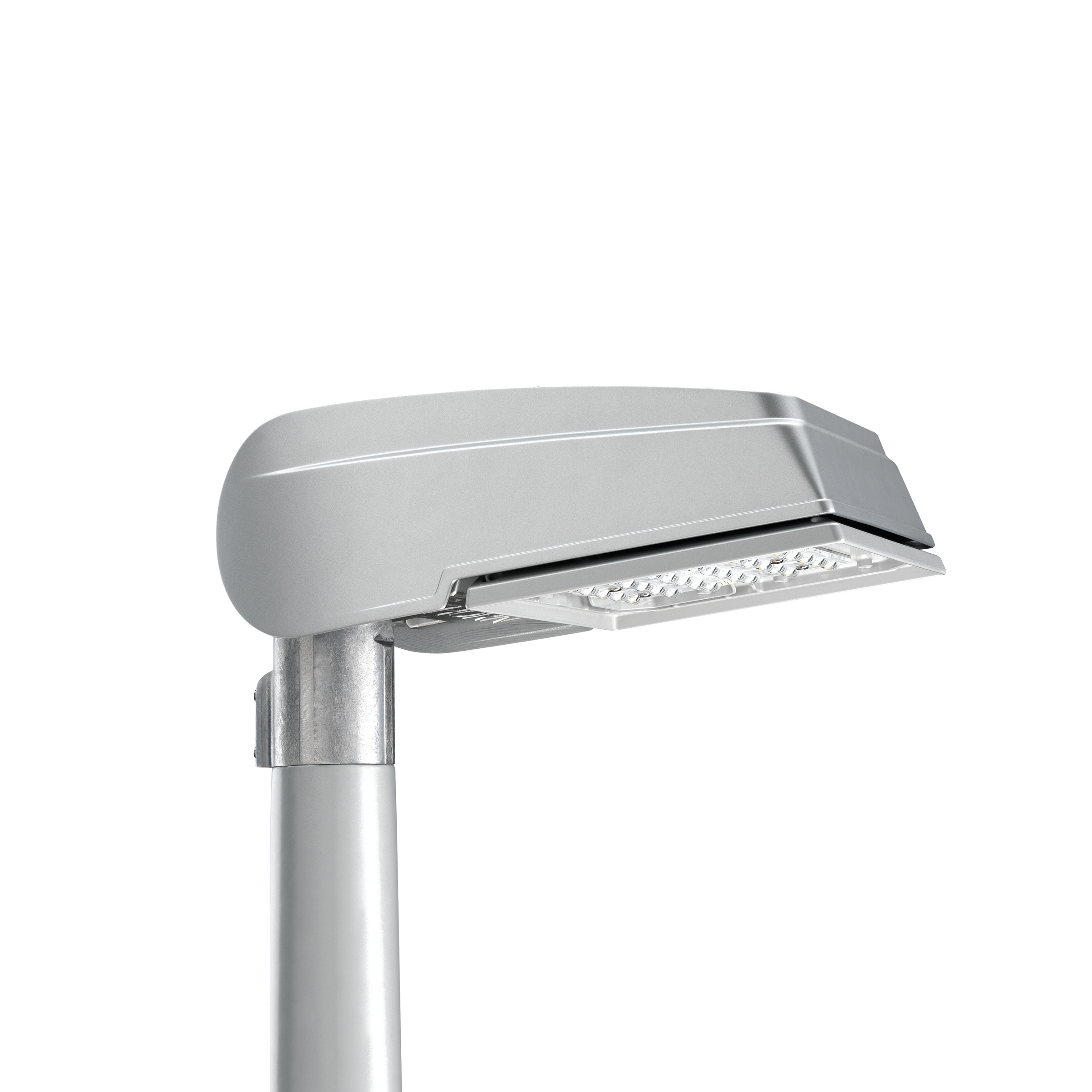 A modern LED streetlight with a sleek, silver design is mounted on a metal pole against a plain white background. The lamp head features a flat, rectangular shape with a clear cover over the LEDs.