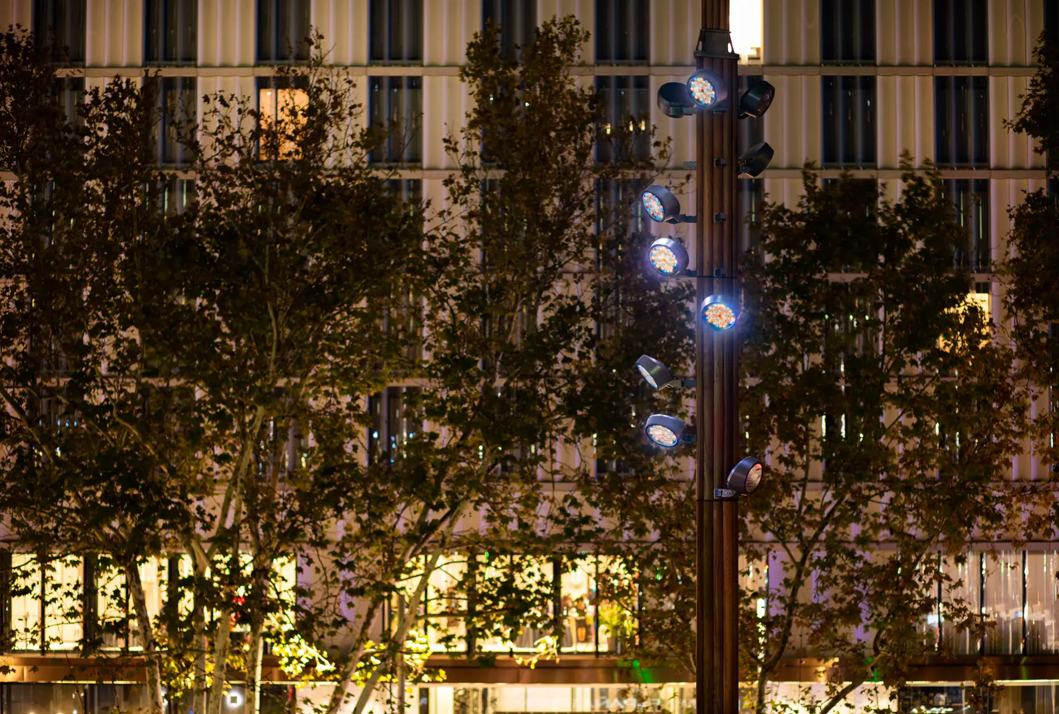 I faretti a LED bianchi sul palo garantiscono un'illuminazione chiara ed efficiente dell'area circostante, migliorando la visibilità e il comfort per le persone nella piazza.