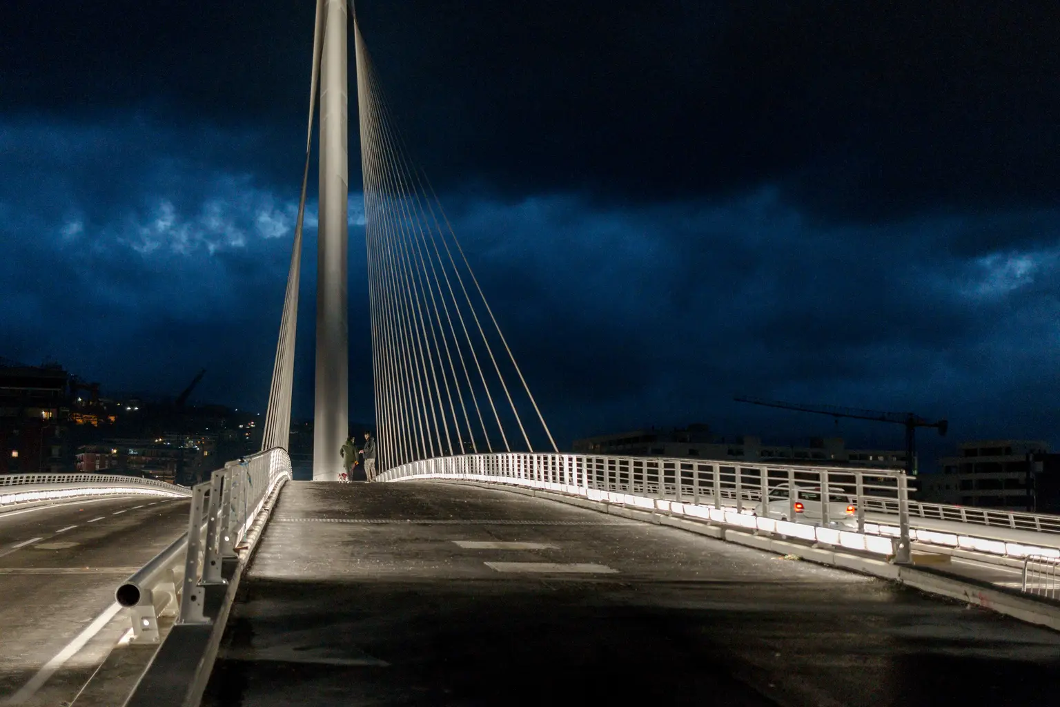 Modern cable-stayed bridge illuminated at night, with a prominent central pylon and cables. The sky is dark and dramatic, and city lights are visible in the background.