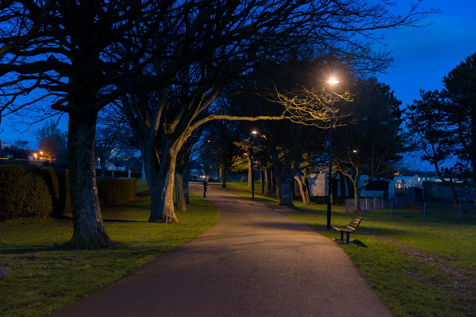 Vulcan Park, Workington mit einem Weg, der bei Dämmerung von einer Straßenleuchte beleuchtet wird