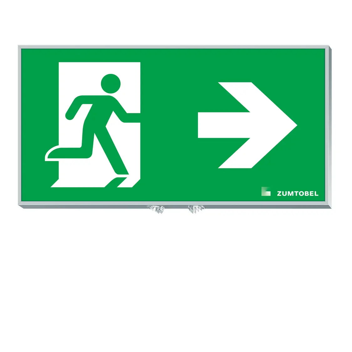 Eine grüne Notausgangsleuchte von Zumtobel. Ein stilisiertes Männchen rennt durch eine Tür. Ein Pfeil zeigt nach rechts.