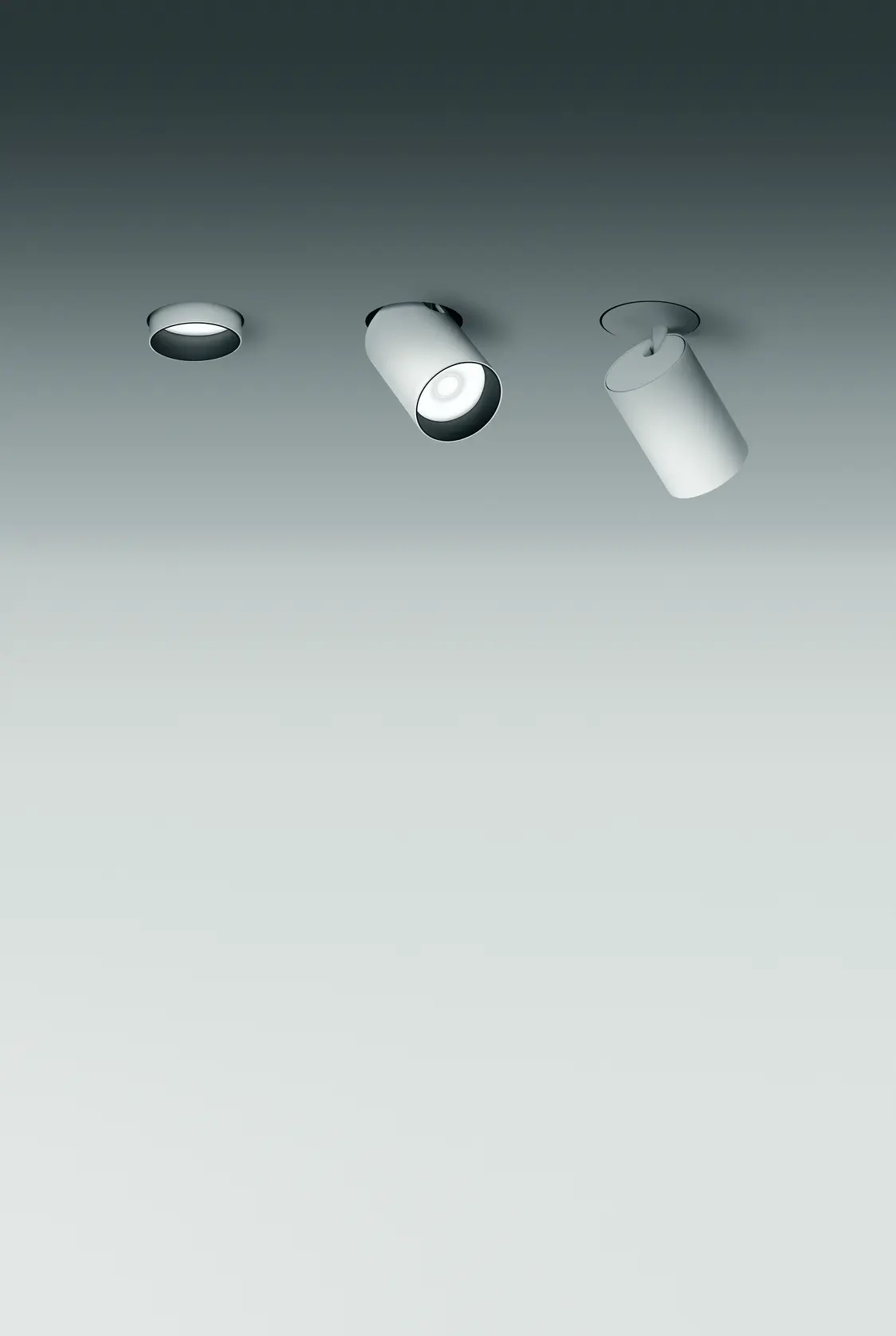 SU2_P_Deckeneinbau_hgd.png: Das SUPERSYSTEM II Beleuchtungssystem umfasst drei schwenkbare Deckenspots, die moderne Räume mit präzisem Licht ausleuchten.